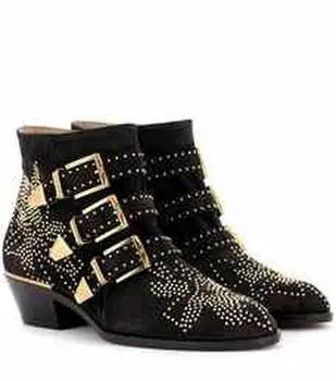 

Womens Pointed Toe Rivet Studs Genuine Leather Belt Buckle Ankle Boots Chelsea Western Shoes Chunky Heel 12Colors C409