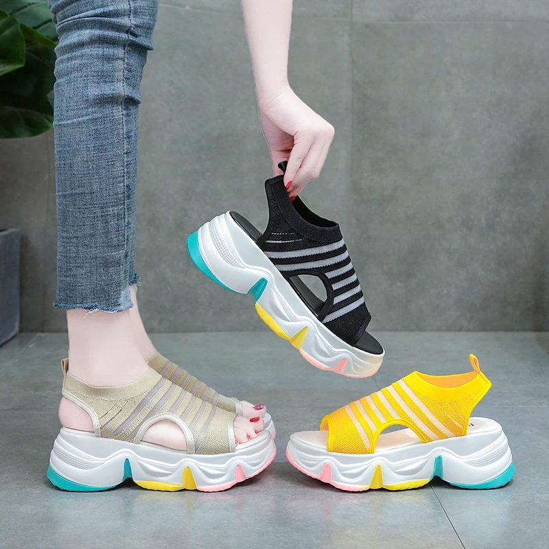 

Color Sole Wedge Platform Sandals Women Summer Shoes Knit Breathable Open Toe Slip-on Women Sandals Casual Sport Sandals 2020