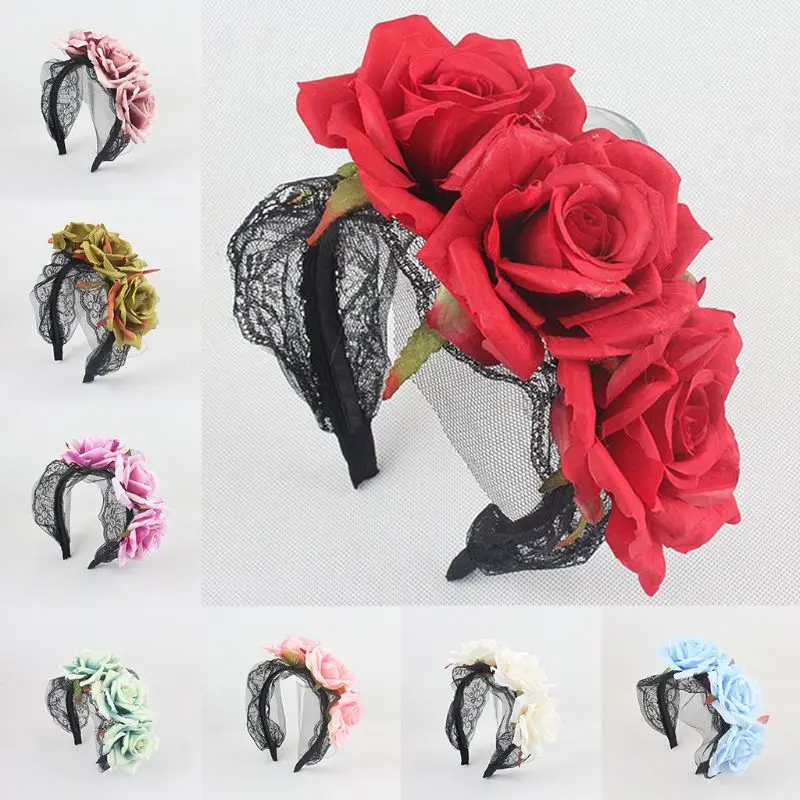 Girls Gothic Halloween Artificial Rose Flower Headband Crown with Black Lace Wrapped Hair Hoop Day of The Dead Headpiece NEW