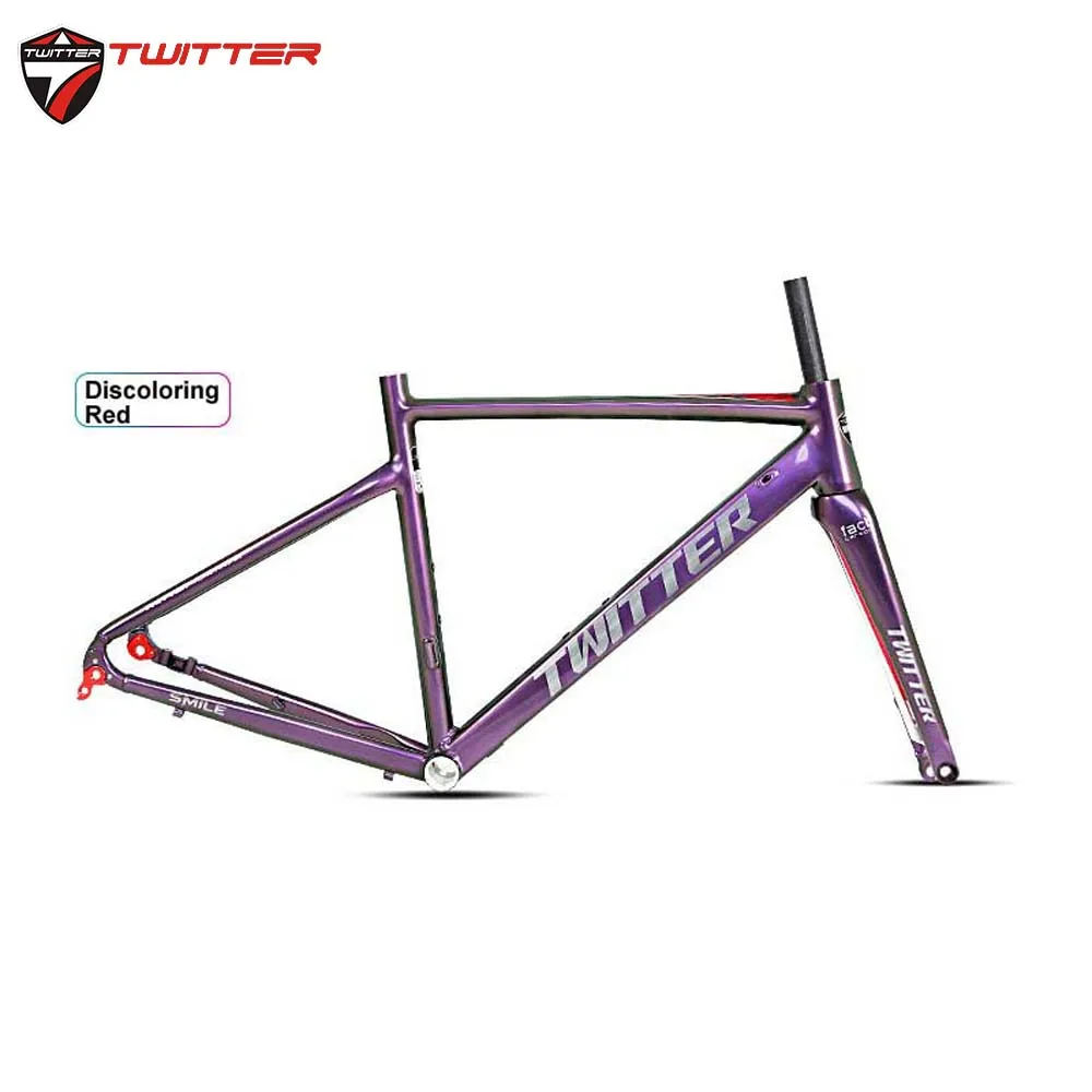 

Twitter Smile Road Bike 700c Alu Discolored Frame Carbon Fork Disc Brake Thru Axle F12*100mm R12*142mm UV Laser Drawing Decals