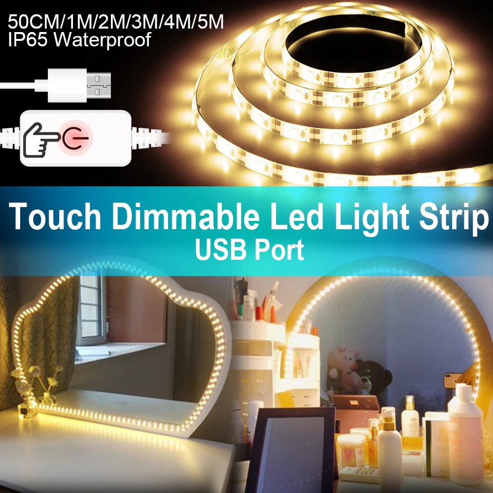 

USB Led Strip Vanity Makeup Mirror Light 5V LED Flexible Tape USB Cable Powered Dimmable Dressing Table mirror Lamp Decor Light