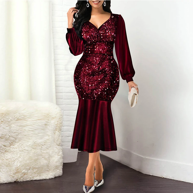 

Plus Size Wine Red Velvet Sequin Dress Women V Neck Lantern Sleeve Party Dress Elegant Office Ladies Formal Mermaid Dresses Robe