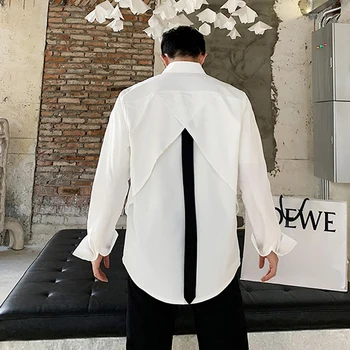 

EWQ / men's and women's wear tide new Back ribbon hit color patchwork Long Sleeve Shirt Tide loose 2020 spring streetwear 9Y1374