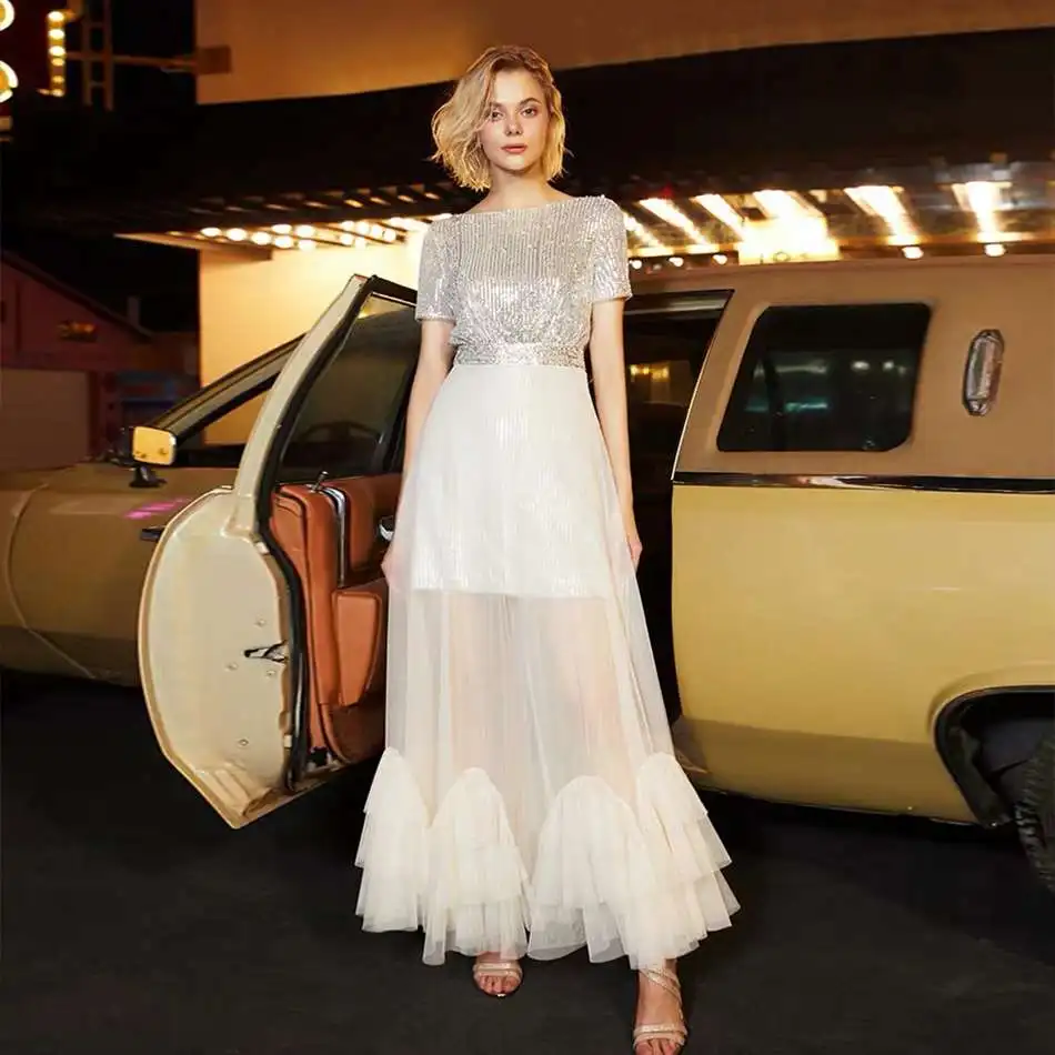 

Seamyla Sexy Women Silver Short Sleeve Sequined Mesh Dresses Long Maxi Elegant Club Dress Celebrity Evening Party Lady Vestidos