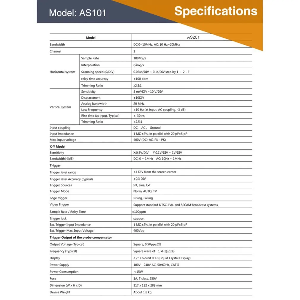  OWON AS201 20MHz 100MS/s Single Channel LCD Digital Oscilloscope Scopemeter Norm/Auto/TV Run/Stop S