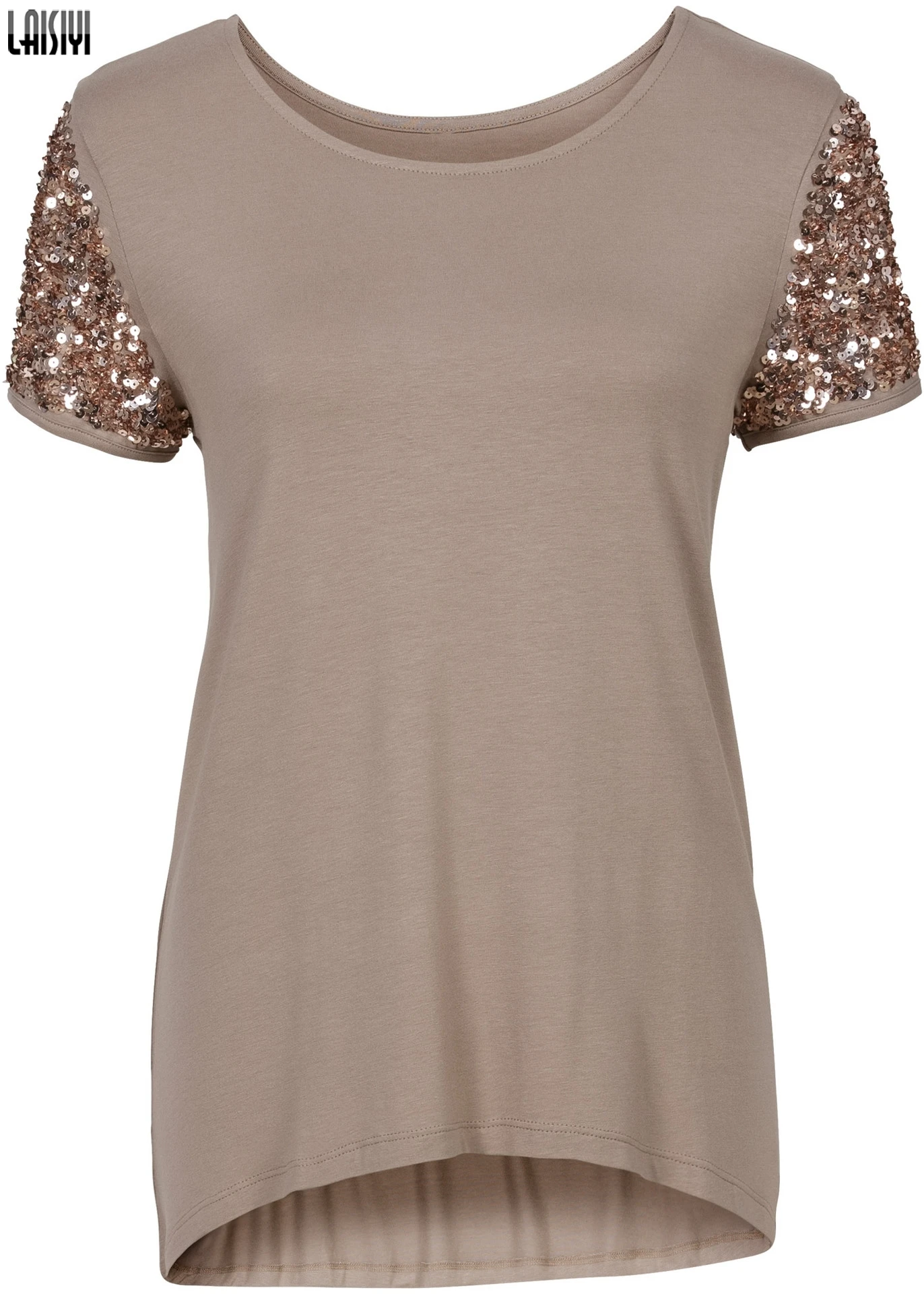 

LAISIYI 2019 Solid Tee Shirt O Neck Short Sleeve Summer Sequined Spliced Casual Blouse Loose Women Tops and Blouses ASBL20515