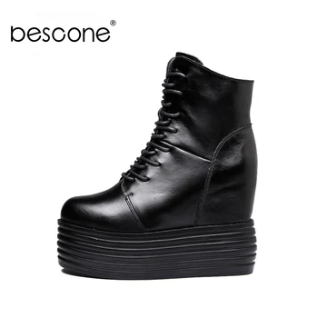 

Bescone Height Increasing Ankle Boots Woman High Platform Chunky Heel Round Toe Boots Ladies Genuine Leather Lace Up Boots BO730