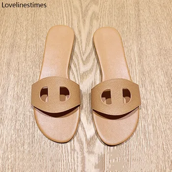 

Slippers Shoes Woman 2020 Summer New Brown Leather Pig Nose Hollow Carved Design Beach Travel flat Slippers Fashion Women Shoes