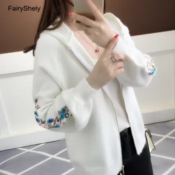 

FairyShely Zipper White Sweater Cardigan Coat Hooded Women Winter Casual Long Sleeve Cashmere Sweater Jumper Ladies Girl Outwear