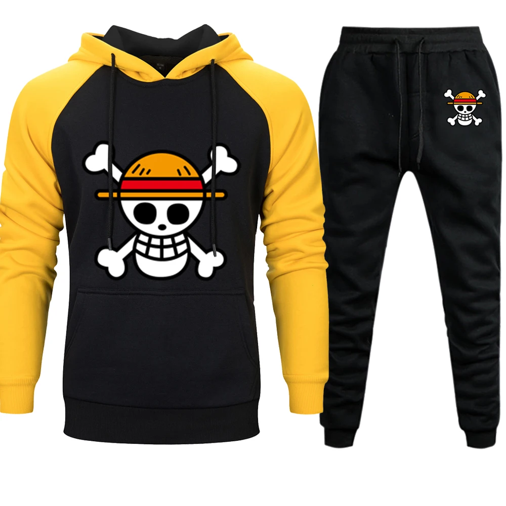 One piece Аниме мужские Комплекты Толстовки штаны Череп Луффи толстовка с капюшоном штаны Осень Зима повседневные 2 шт Спортивные Штаны Толстовка