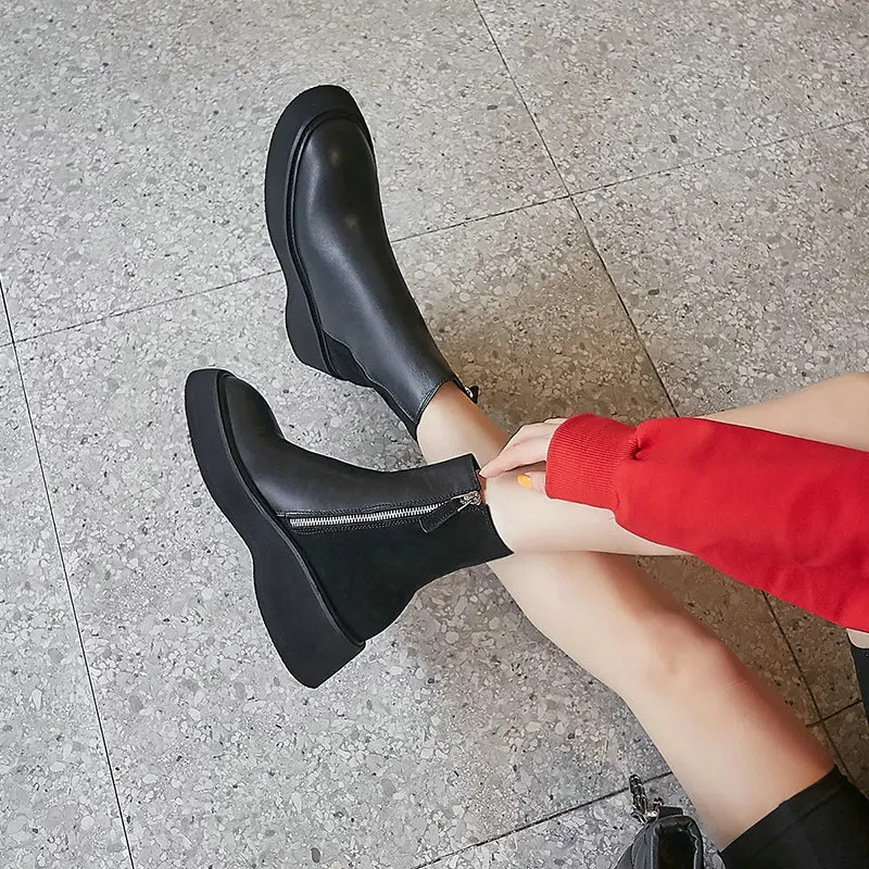 QUTAA Wedges Casual Round Toe Women Shoes Autumn Winter Cow Leather Cow Suede Fashion Platform Zipper Ankle Boots Size34-39
