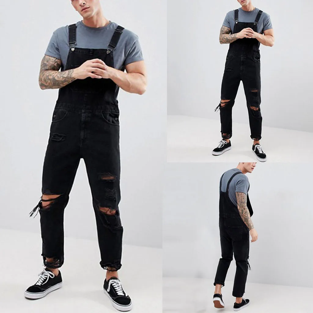 KLV Fashion Men's Overall Casual Jumpsuit Jeans Wash Broken Pocket Trousers Suspender Pants Leisure Casual Breathable hot 9807