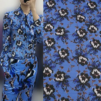 

100x145cm Fashion Blue Flower Printed Thin Chiffon or Imitate Silk Satin Fabric For Woman Summer Dress Blouse Pants DIY Sewing