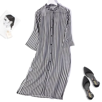 

Women's 100% Silk Collar Button down Stripes Long Dress Thin Top Kimono Cardigan Shawl Coat Blouse Summer Beach Cover Up JN332