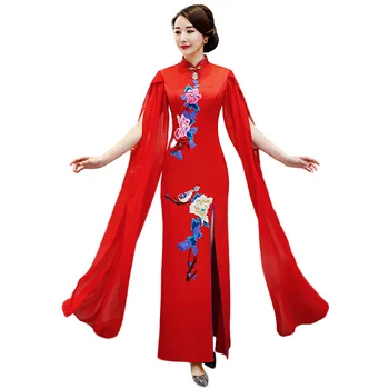 

Embroidery Floral Elegant Stage Show Handmade Button Silm Qipao Chinese Traditional Women Dress Vintage Lady Sexy Cheongsam