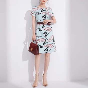 

2020 nian Summer New French Temperament Waist Slimming Short Sleeves round Neck Fashion Long Print Dress Women
