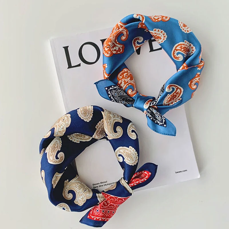 

Luna&Dolphin Women Small Square Scarves 53x53cm 100% Real Silk Blue Cashew Flower Bandanas Suit Decoration Headbands Kerchief