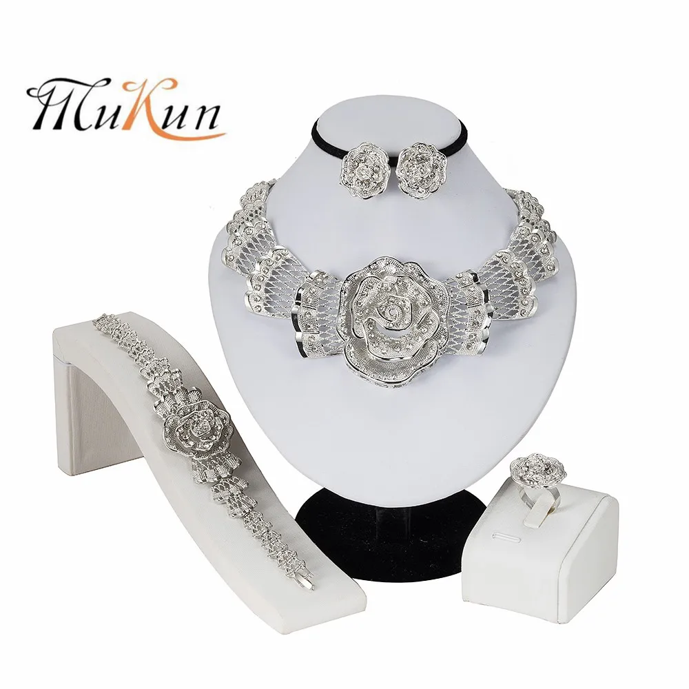 

MUKUN 2019 Nigerian Wedding African Beads Jewelry Sets Crystal Necklace Sets Silver Color Jewelry Set Wedding Accessories Party