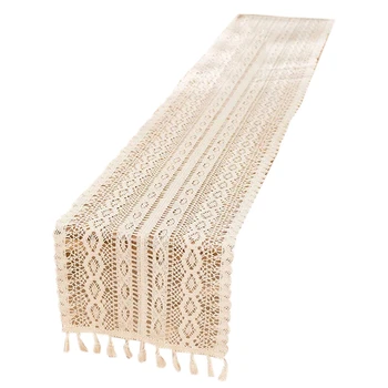 

Botique-Elegant Cream Crochet Lace Macrame Table Runner with Tassels for Rustic Wedding Decoration and Farmhouse Table Decor