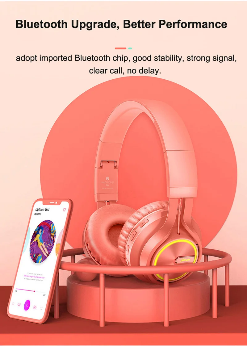 Розовые Bluetooth наушники бас беспроводные наушники 7 цветов Светящиеся с микрофоном Поддержка TF карты для телефона Xiaomi iPhone PC смартфон