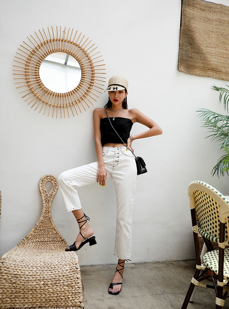 Chic White Jeans Women's Mid Waist Front Button Straight Jeans for Women's Stretch Jeans Women's Skinny Denim Pencil Pants