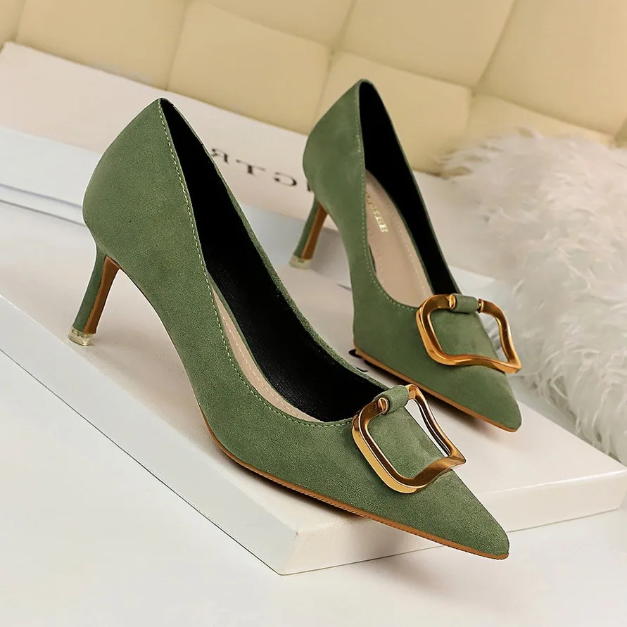 

High-Heel Korean-style Suede Career Ol Slimming Women's Thin Heeled 2368-1 Fashion Shallow Mouth Whole Transaction Metal Rubber