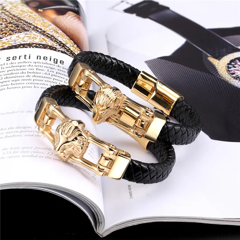 MKENDN Punk Style Design Gold Fish Bones Genuine Leather Bracelet for Men Stainless Steel Magnetic Button Gift Male Bracelets