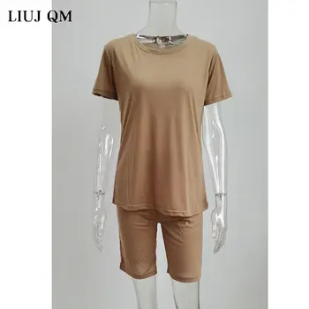 

2020Autumn Women Two Pieces Top +Pants Solid Color Tracksuit Women O-Neck Short Sleeve Sportwear Casual Women Suit plus size 5XL