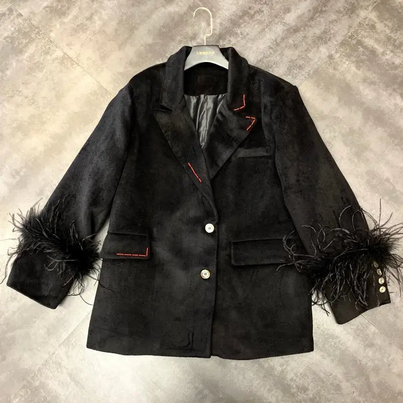 

2020 New Spring Winter Cuff Furry Design Velvet Blazer Women Warm Padded Coat Suit Jacket Ladies Blazer Blazers