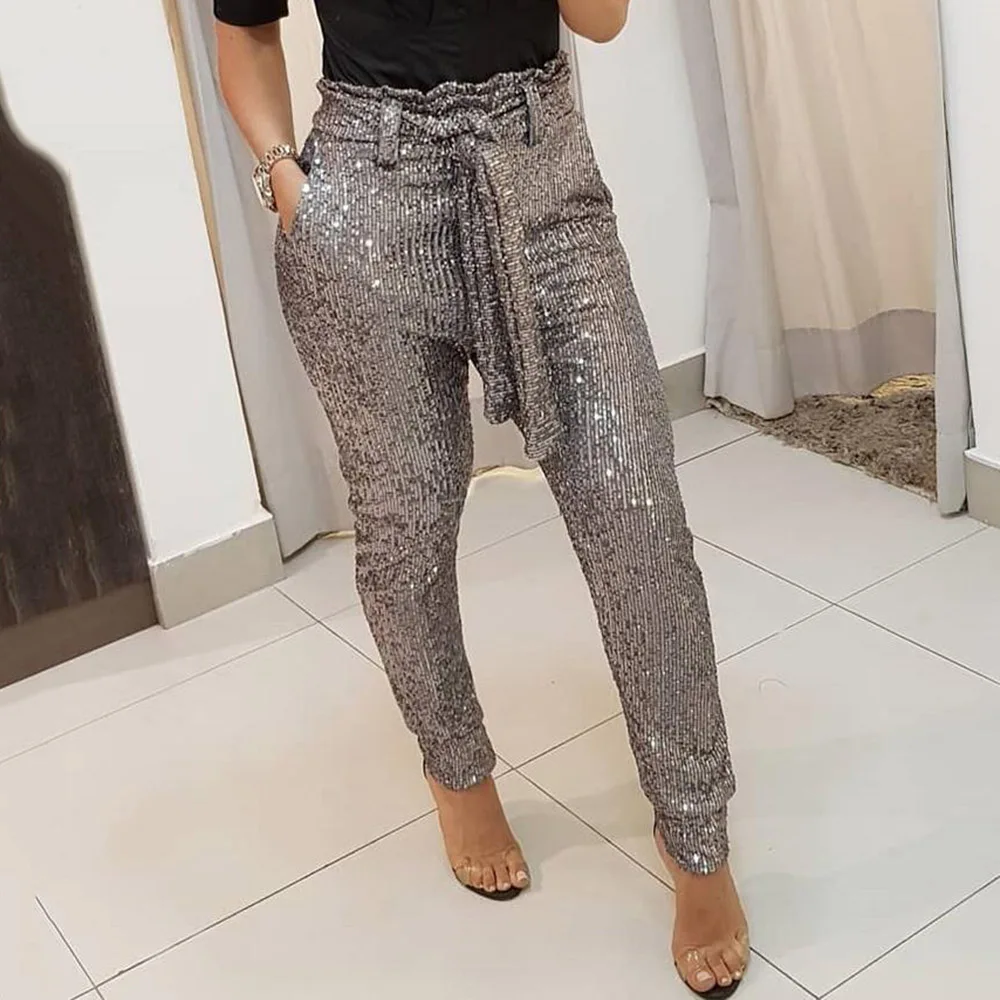 

Casual Harem pants Women Sequini 2020 Party Club African Wide Legs Pants Trouses Femme Pencil Female Pants Lace Up Belt