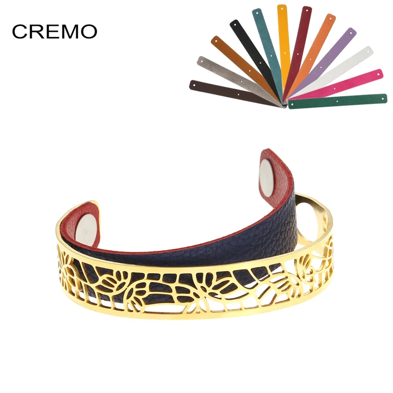 Cremo 14mm Gold Stainless Steel Cuff Leather Bracelets & Bangle For Women Jewelry gift Send leather Bracelet