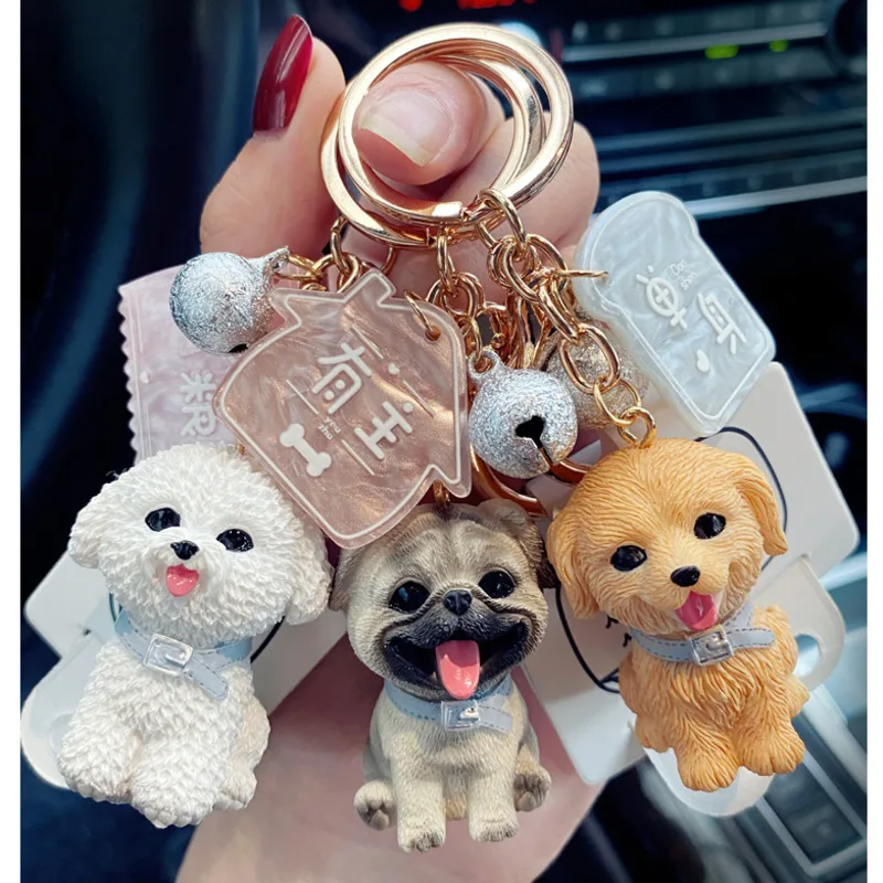 Resin Simulation Dog Keychain Silver Bell Trinket Girl Boy Couple Pendant Bag Car Keyring Jewelry Lanyard Cute Accessory Gift