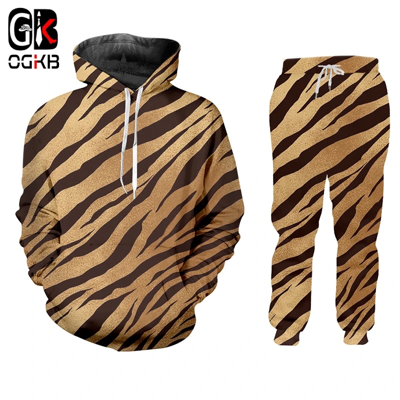 OGKB Men's Sets Hot Tiger Stripes 3D Print Hoodies And Jogging Pants Set High Quality Streetwear Trendy Sets Oversized