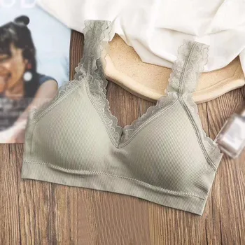 

Women's Sweet Style Bras Summer Female Deep V-Neck No Steel Rings Thin Padded Solid Color Lace Tank Tops