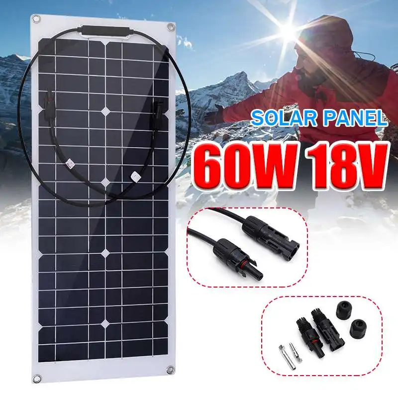 

18V Solar Panel 60W Semi-flexible Monocrystalline Solar Cell DIY Module Cable Outdoor Connector Battery Charger Waterproof