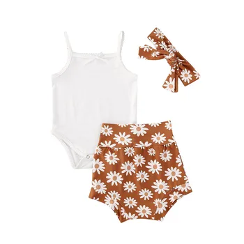 

3Pcs Newborn Baby Girls Summer Casual Cotton Outfit Sleeveless Bodysuit Romper+Ruffles Floral Short Pants+Headband Clothes
