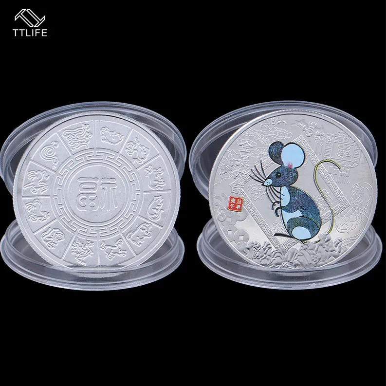 

TTLIFE 1PC 2020 Year of The Rat Challenge Coin Chinese Zodiac Souvenir Coin Silver Plated Non-currency Coins for Home Decoration