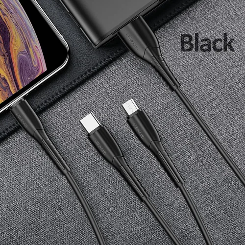 USAMS 3 в 1 USB кабель type C кабель для samsung s9 plus Micro usb кабель для зарядки для iPhone X 8 7 6s Plus 5 5S SE 5c C кабель - Цвет: 3 in 1 Black