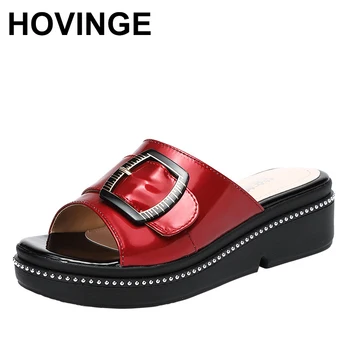 

HOVINGEPlus Size 32-43 Mid Heel Open Head Slippers Women Shoes 2020 Summer Patent Leather Platform Wedges Slides Ladies Slippers