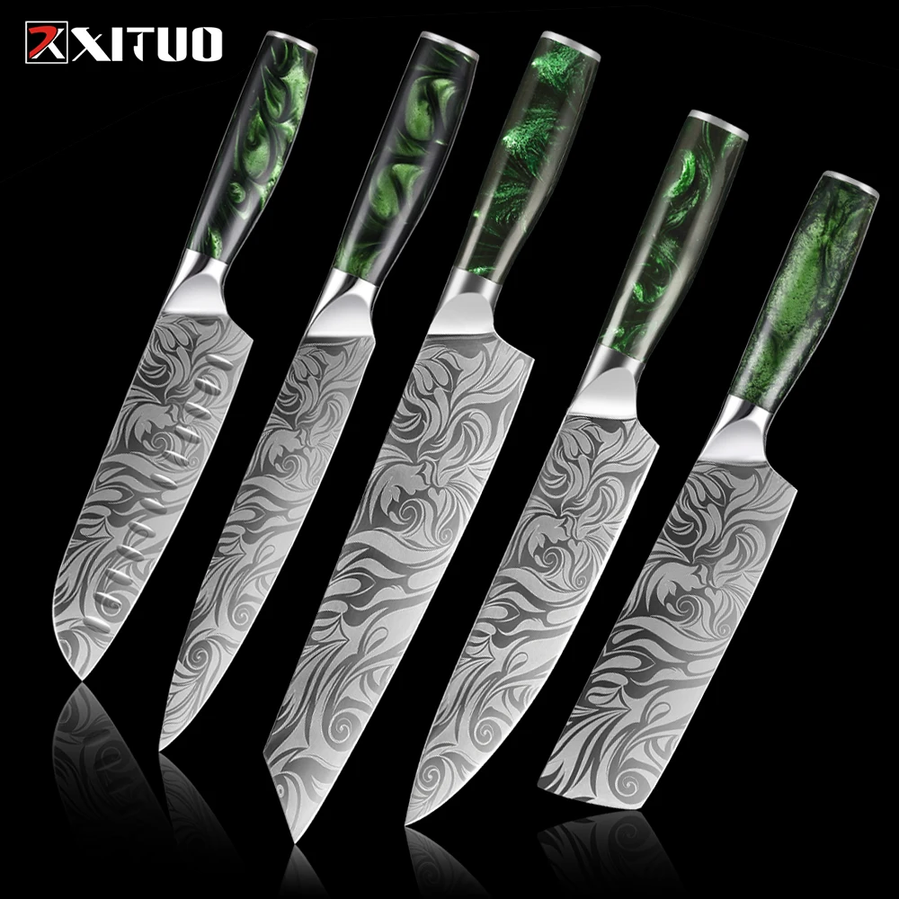 

Набор кухонных ножей XITUO, ножи шеф-повара, ультра острые японские ножи Santoku Nakiri Cleaver для нарезки, дамасский узор, 1-5 шт.