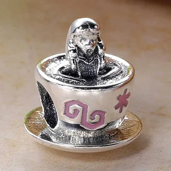 

Original Pink & White Enamel Alice In Wonderland Tea Cup Beads Fit 925 Sterling Silver Charm Pandora Bracelet Bangle DIY Jewelry