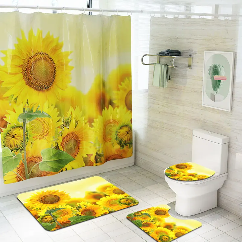 Zeegle Sun Flower Bath Mat Set Shower Curtain Set with Hooks Washable Toilet Foot Rug Lid Toilet Cover Mat Bathroom Entrance Mat