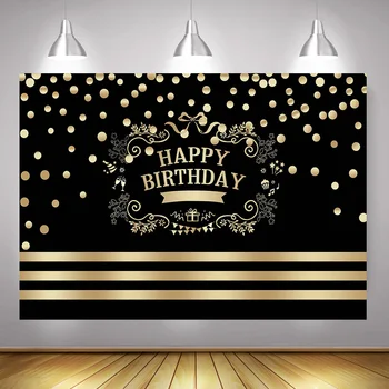 

Happy Birthday Photography Backdrop for Adult Children Golden and Black Birthday Party Decoration Background Props Gold Dots