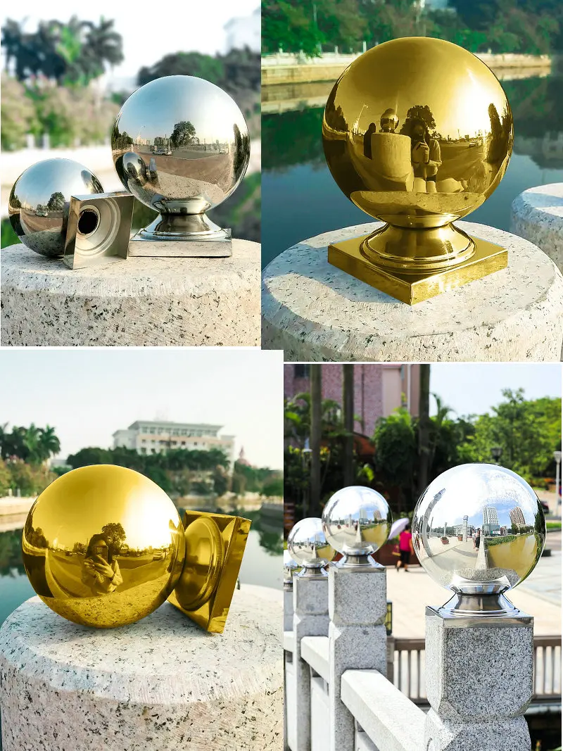 HQ Polished Stainless Steel 316 Grade Garden Outdoor Flagpole Gate Handrail Decoration Hollow Sphere Ball with Square Base