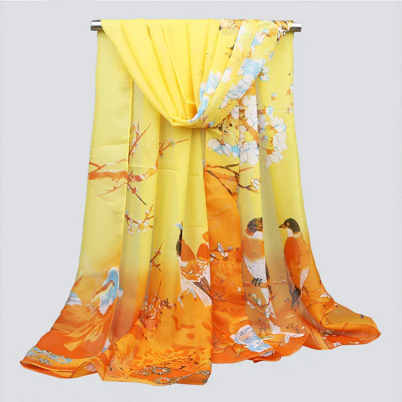

Ladies Chiffon Scarf Magpie Bird Floral Print Peony Scarves Classic Korean Wild Female Shawls Travel Seaside Beach Towel Bandana
