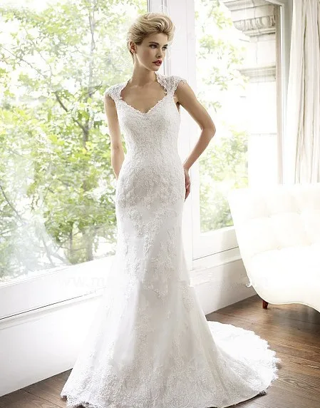 

free shipping bridal gowns vestido de noiva 2015 new design cap sleeve custom lace appliques vintage mermaid wedding dress