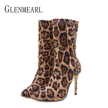 

Women Boots Winter Shoes High Heels Sexy Leopard Ankle Boots Woman Party Shoes Pointed Toe Slip On Spring Autumn Female Boots DE