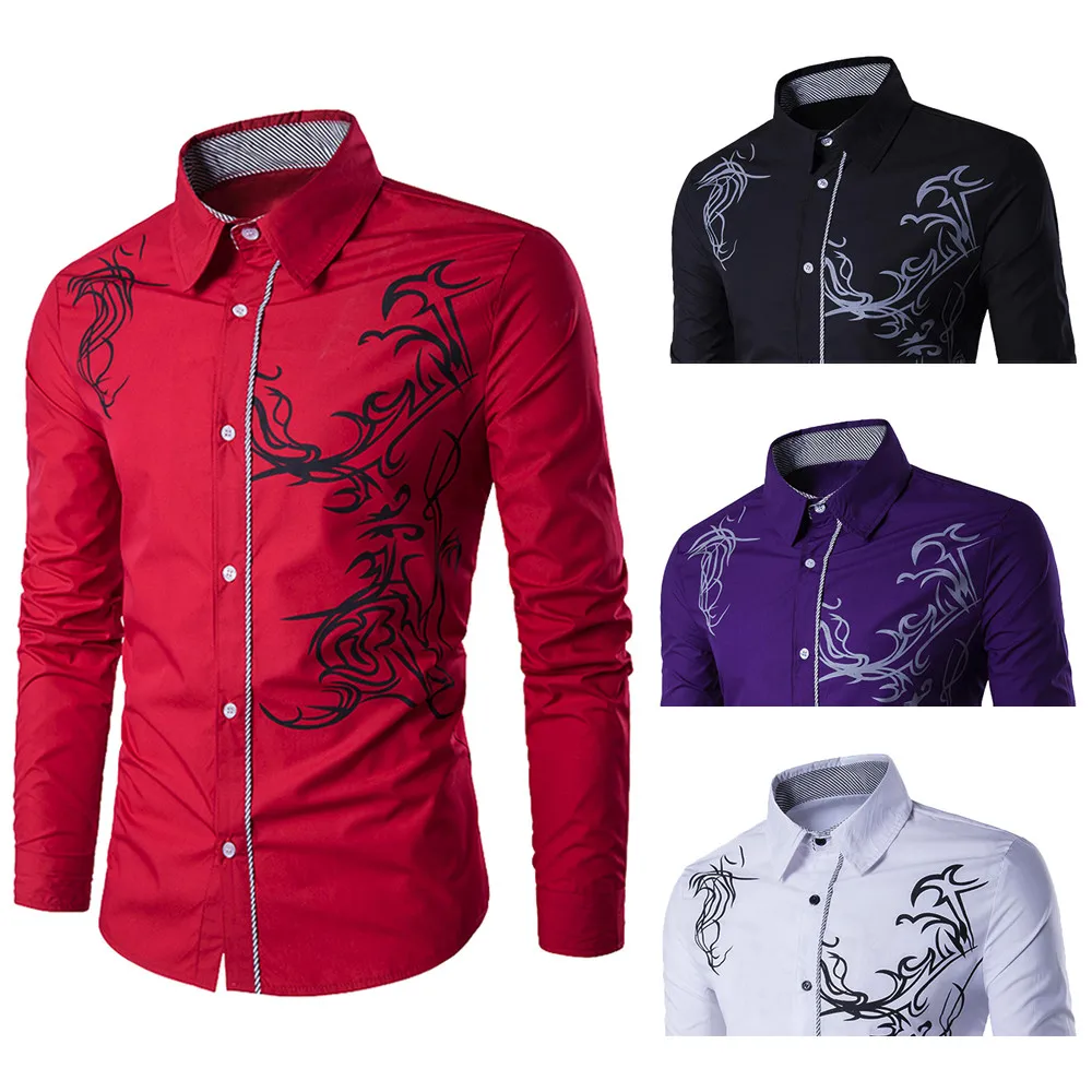 Мужская рубашка, осенняя, повседневная, с принтом, camisas hombre, с длинным рукавом, тонкая, с отложным воротником, топ, блуза, мужская, masculina