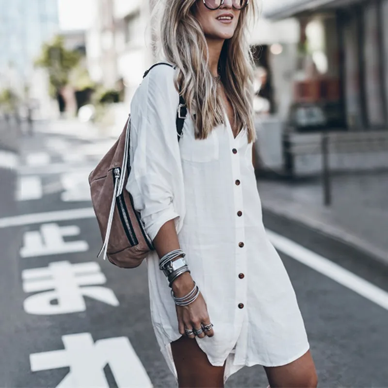 

Women Retro Autumn Dress Three Quarter Sleeve Button Solid Color Mini Dress vestidos de verano