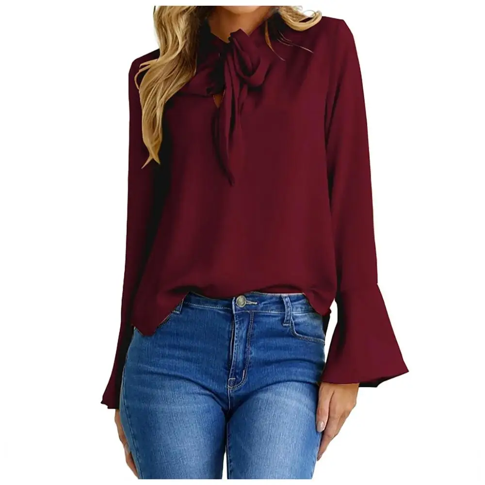 Осенняя Элегантная блузка, модные женские блузки, новинка, шифоновая блузка, рубашка, женские топы, повседневные топы, чистый винный красный бант, OL Топы XL# G7 - Цвет: Wine Red